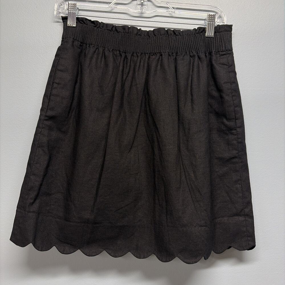 J Crew Skirt Black Scalloped Edge Linen Blend Womenโs Sz 4 Pull on Elastic Waist